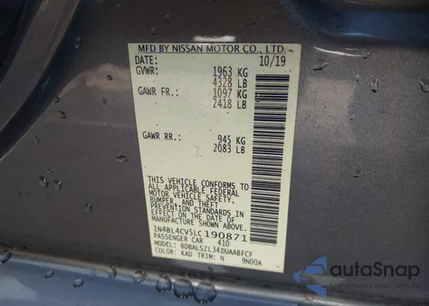 2020 Nissan Altima Sr Fwd from USA, damaged, VIN 1N4BL4CV5LC190871